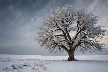 Een eenzame boom in de sneeuw van De Muurdecoratie
