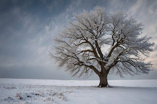 Een eenzame boom in de sneeuw