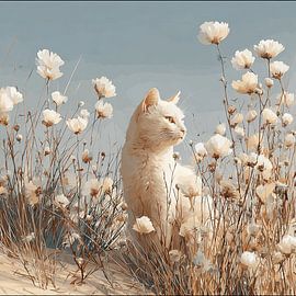 Sand Cat | Summer Cat Portrait amongst Dune Flowers in Warm Cream and Powder Blue