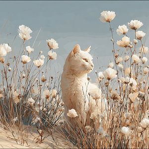 Sandkatze | Sommerliches Katzenporträt zwischen Dünenblumen in Warmcreme und Puderblau