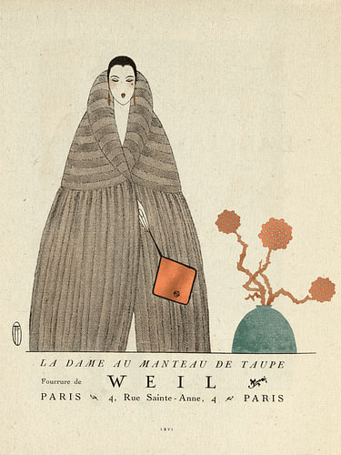 Art-Déco-Modeillustration einer stilvollen Frau mit taupefarbenem Mantel und orangefarbener Tasche