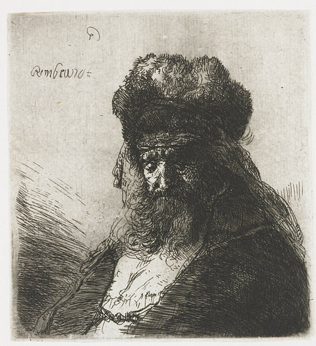 Bartiger alter Mann mit hoher Pelzmütze und geschlossenen Augen, Rembrandt van Rijn