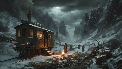 Afgedankte treinwagon voor een diepe bergkloof