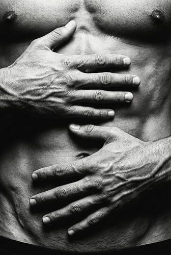 Torso met handen, zwart-wit afbeelding