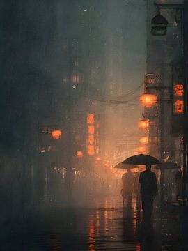 Rainy Evening in an Asian City - Silence under the Umbrella by ArtVanta