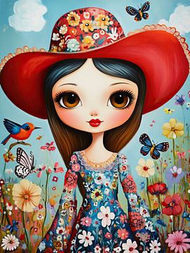 Mädchen mit Blumen und Schmetterlingen von Blickfänger Gemälde