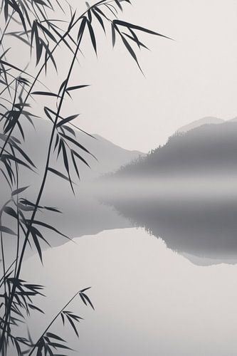 Bamboe in de mist over stilstaand water