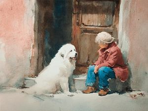 Woman and Pyrenean Mountain Dog at the Door