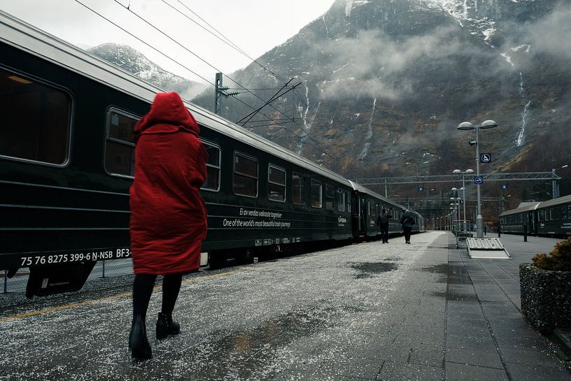 Frau in rotem Mantel in der Flammenstation, Norwegen von Arno Maetens