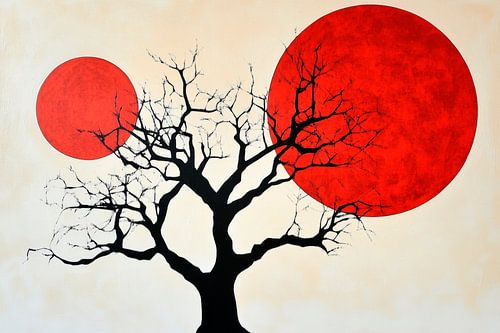 Boom en rode cirkels - Modern kunstwerk