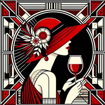 Vrouw met rode wijn art deco van Tatjana Korneeva