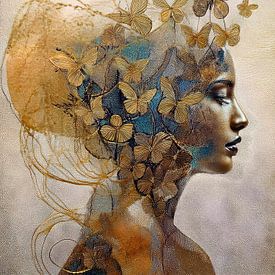 Modernes Porträt einer Frau mit Schmetterlingen um ihren Kopf, Serie verträumtes Gold von Studio Pieternel