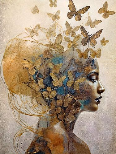 Modernes Porträt einer Frau mit Schmetterlingen um ihren Kopf, Serie verträumtes Gold