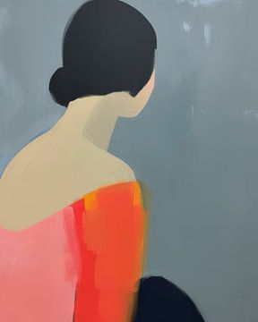 Portrait abstrait moderne en gris, noir, rose et orange sur Carla Van Iersel