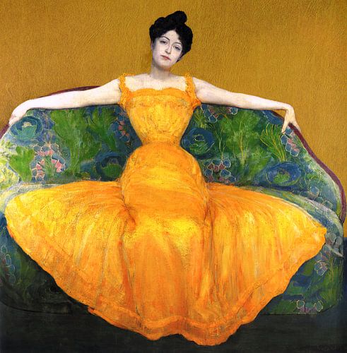 Dame in gele jurk, Max Kurzweil met gouden achtergrond