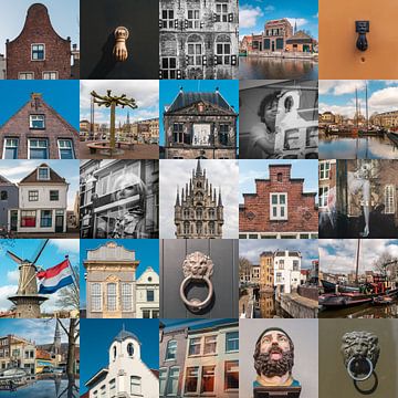 Collage met verschillende huizen, gevels, gapers, in de stad gouda van Jolanda Aalbers