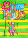 Aquarel-  Een verliefd katten paar in Lach stad van Sonja Mengkowski thumbnail