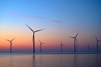 Wind turbines in an offshore wind park during sunset