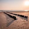 Strandpalen in Gouden Zonlicht Structuur en Rust aan Zee van Femke Ketelaar