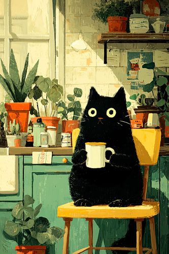 Un chat noir avec une tasse dans une cuisine ensoleillée