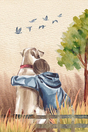 Aquarellillustration eines Kindes, das einen Hund in einer friedlichen ländlichen Umgebung umarmt