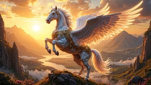 Fantasy Art Wandbild: AELORIA - Der weiße Pegasus im Licht des Sonnenaufgangs