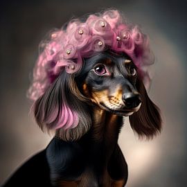 Dachshund with pink wig by Evelien Prins