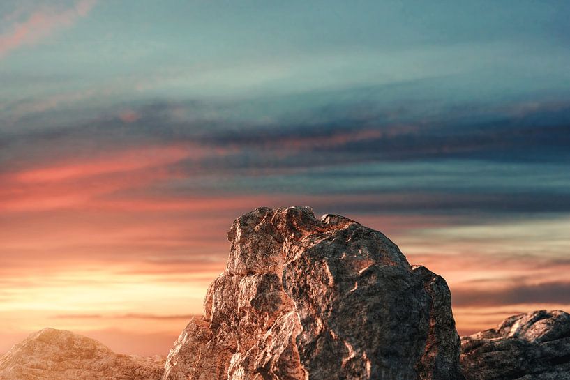 Sunset casts dramatic light on mountaintop by Besa Art
