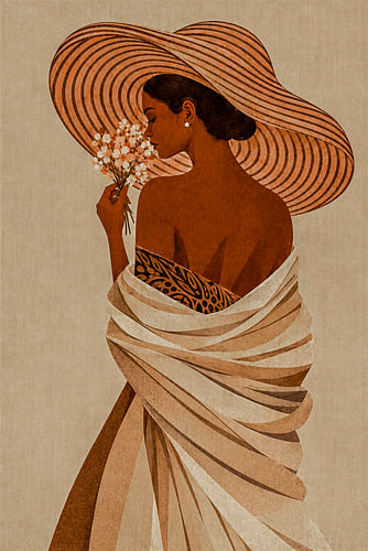 Illustration: Porträt einer Frau mit Sonnenhut und Blumen