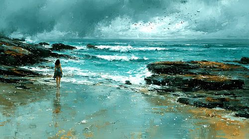 Vrouw op het strand voor de storm