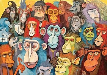 Peinture Singe coloré Groupe | Balançoire à singe sur Tableaux ARTEO