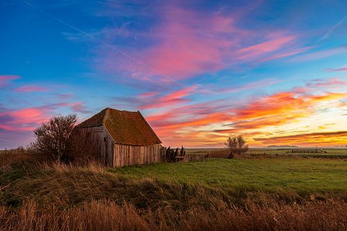 Zonsopkomst bij een schuurtje op Texel