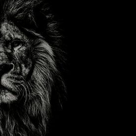 Lion black and white with title: The Beast - Impressive portrait - Lion painting - Painting - Wall d by Designer