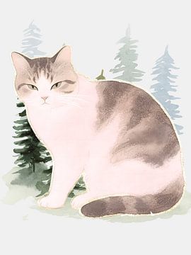 Woodland Cat Portrait – Moderne aquarel & -kunst met goudfolie van Keny Studio