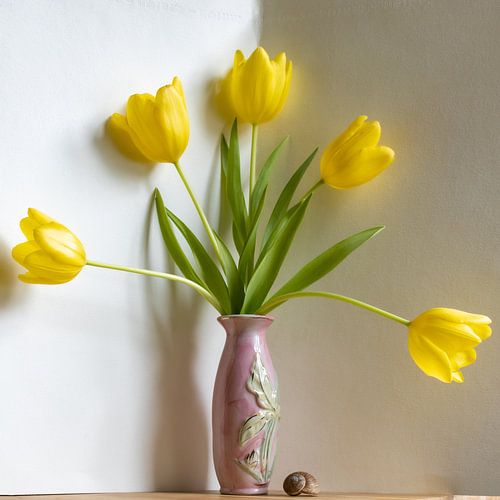 Gele tulpenwaaier in roze vaas