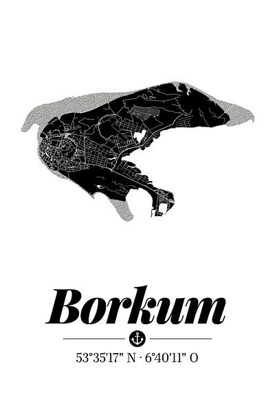 Borkum | Landkarten-Design | Insel Silhouette | Schwarz-Weiß von ViaMapia
