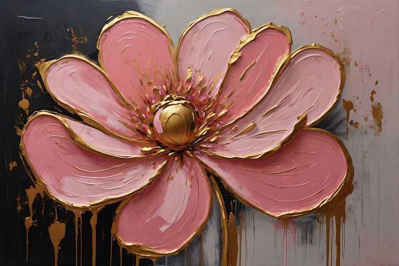 Rosa Blüte mit goldenen Akzenten Ölgemälde von Art & Soul Creations