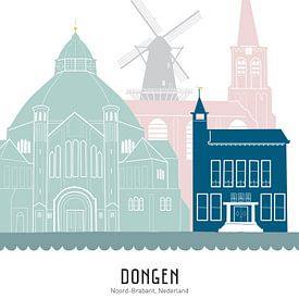 Illustration de la ligne d'horizon de la ville de Dongen en couleur sur Mevrouw Emmer