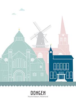 Skyline illustratie stad Dongen in kleur van Mevrouw Emmer