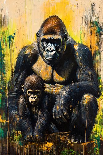Gorilla moeder en jong schilderij