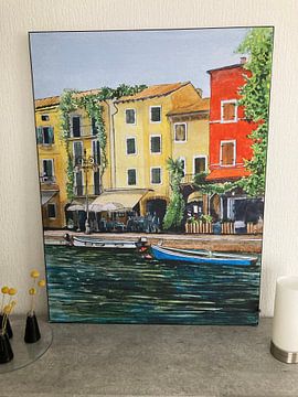 Klantfoto: Lazise vissershaven | Gardameer Italie | Aquarel schilderij van WatercolorWall