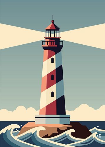 Affiche vectorielle de style vintage minimaliste représentant un phare illuminé, rayé de rouge et de blanc, sur fond de vagues.