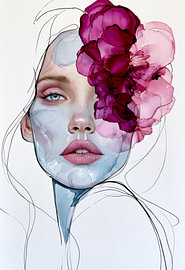 Frauenporträt mit rosa Blumen in Aquarell von SPEQ ART
