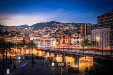 Night lights of Genoa: Traffic along the Old Port