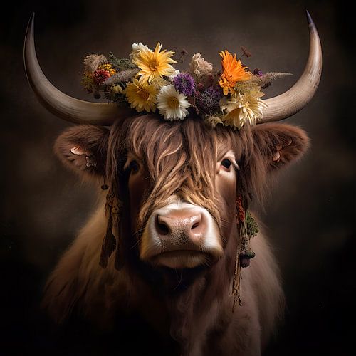 Highland cattle with traditional headdress