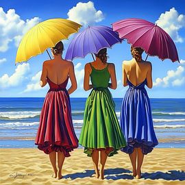 Frauen mit Sonnenschirmen am Strand in gelb, lila, rot