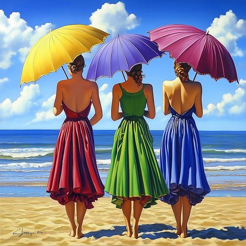 Vrouwen met parasols op het strand in geel, paars, rood