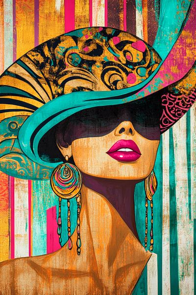 Woman with large sun hat - Colourful and stylish by Poster Art Shop