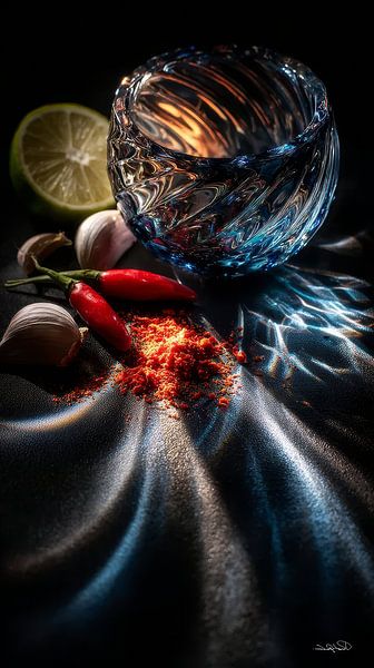 red peppers - garlic - lime - lemon on a black background with dramatic light by Gelissen Artworks
