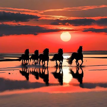Friese paarden bij zonsondergang van Gert-Jan Siesling